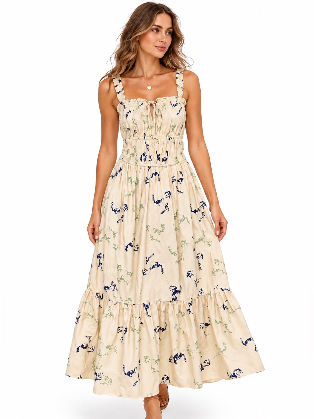 Rosetta Getty NWT Abstract Print Smocked Tiered Maxi Dress Size 6